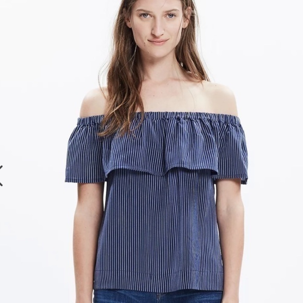 Madewell Blue Silk Balcony Stripe Off Shoulder Top